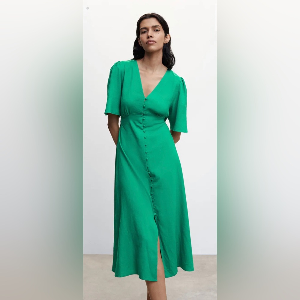 MANGO size 10 green midi dress, classic style, breathable.